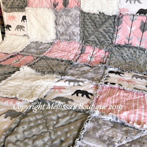 Rustic Bear Mountain Adventure Girl Woodland Fletching Arrow Pink Grey and White Rag Quilt Bedding Baby Crib Throw Twin & Full Size Options