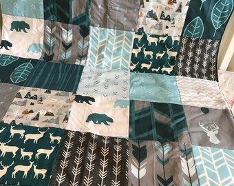 Custom Rustic Lodge Woodland Mountain Adventure Bear Deer Teal Blue & Grey Baby Crib Toddler Throw CHOOSE Your Size Quilt Bedding