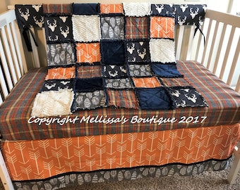 Rustic Plaid Deer Woodland Arrows Feathers Navy Blue Grey Orange and Cream Baby Rag Quilt Nursery Crib Bedding Set CHOOSE and CUSTOMIZE