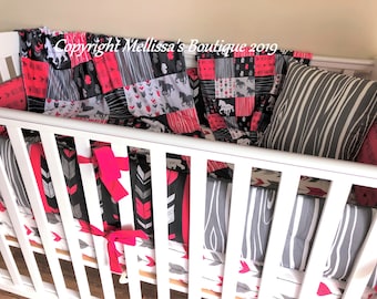 BoHo Cowgirl Horses Hot Pink and Grey Arrows Wild & Free Baby Girl Minky Quilt Crib Bedding Pieces or Set CHOOSE and CUSTOMIZE Made To Order