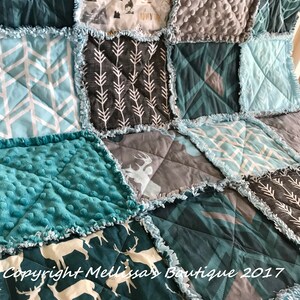 Rustic Lodge Woodland Mountain Adventure Bear Deer Teal Blue & Grey Baby Crib Toddler Twin Full Size Rag Quilt Bedding image 3