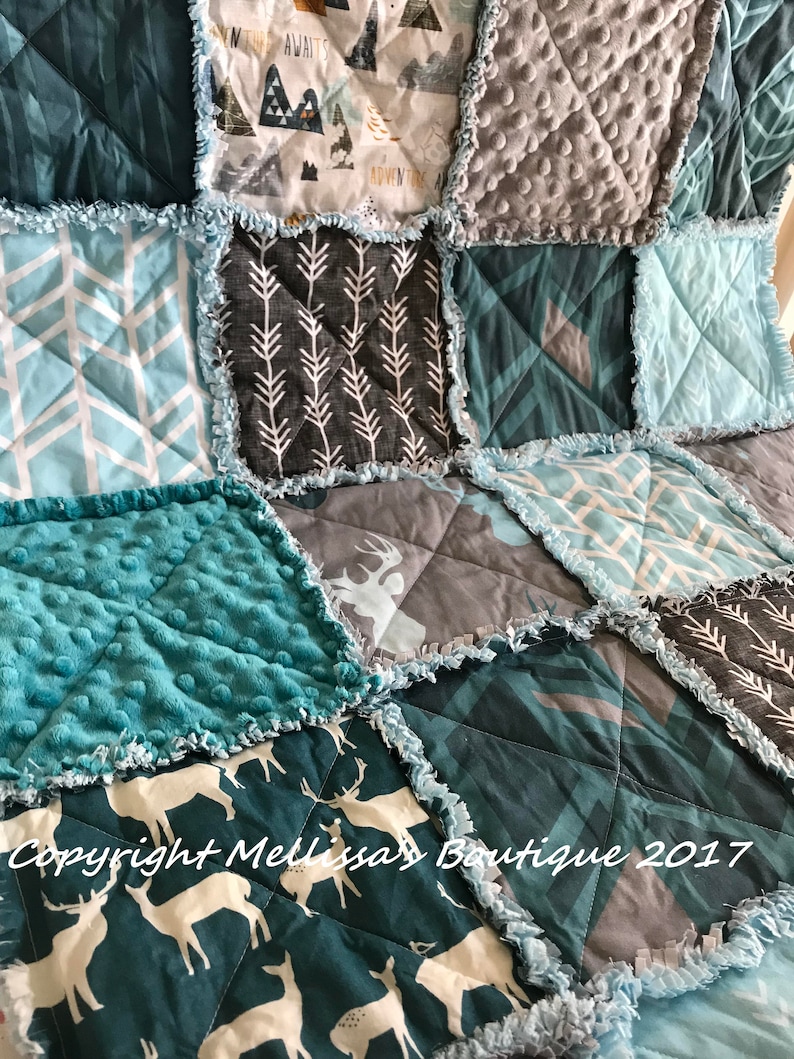 Rustic Lodge Woodland Mountain Adventure Bear Deer Teal Blue & Grey Baby Crib Toddler Twin Full Size Rag Quilt Bedding image 3