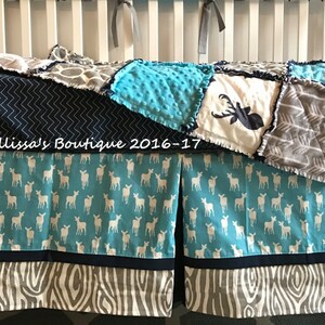 Rustic Arrows Woodland Deer Tribal Navy Turquoise & Grey Baby Nursery Crib Bedding Set made with Designer Fabrics MADE To ORDER image 3