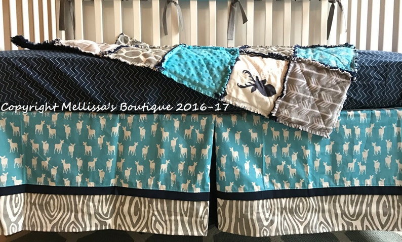 Rustic Arrows Woodland Deer Tribal Navy Turquoise & Grey Baby Nursery Crib Bedding Set made with Designer Fabrics MADE To ORDER image 3