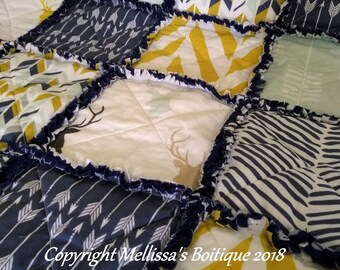 50% OFF Sale Navy Blue Mustard Yellow & Mint Deer/Stag Arrows Aztec Tribal Boutique Rustic Baby Travel Rag Quilt Bedding READY To SHIP