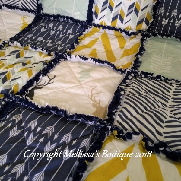 50% OFF Sale Navy Blue Mustard Yellow & Mint Deer/Stag Arrows Aztec Tribal Boutique Rustic Baby Travel Rag Quilt Bedding READY To SHIP