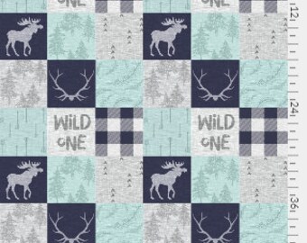 Rustic "Wild One" Woodland Moose Antlers Navy Grey & Mint Baby Boy Buffalo Plaid  Minky Blanket or Quilt Crib Bedding FREE Personalization