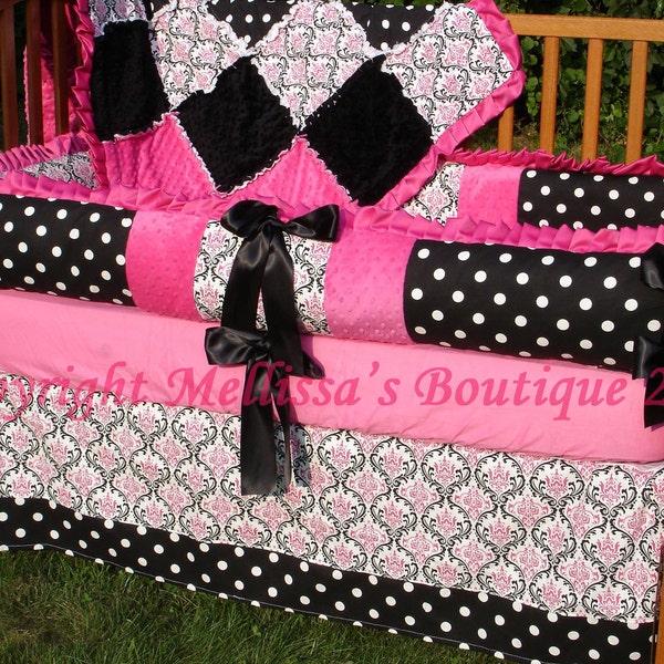 Custom Hot Pink Black And White Damask or Zebra Crib Bedding Set YOUR CHOICE to CUSTOMIZE