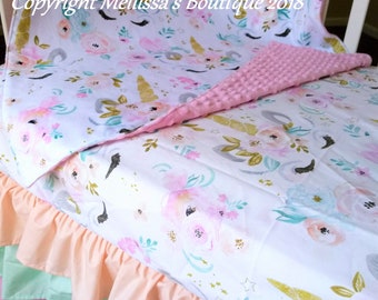 Unicorn Watercolor Floral Roses Pink Gold & Mint Baby Girl Sheet Blanket Crib Bedding Set CHOOSE and CUSTOMIZE