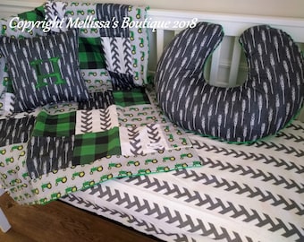 Down on the Farm Green Black Grey Plaid Tractors Wheat Baby Nursery Crib Bedding Set CHOOSE and CUSTOMIZE