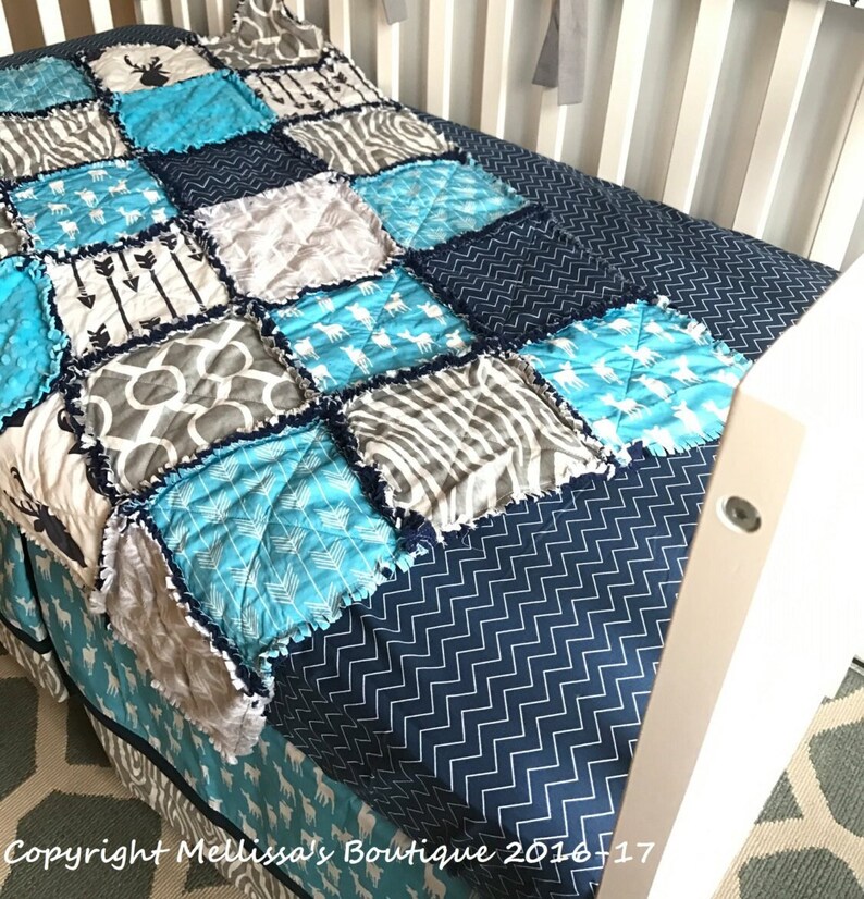 Rustic Arrows Woodland Deer Tribal Navy Turquoise & Grey Baby Nursery Crib Bedding Set made with Designer Fabrics MADE To ORDER image 2