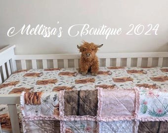 Highland Cow Rustic Boho Floral Western Farm Baby Girl Quilt