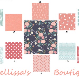 Navy Peach Coral & Teal Wildflower Floral Baby Nursery Crib Bedding Set CUSTOMIZE YOURS