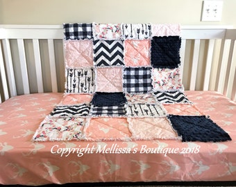 Custom Rustic Deer Floral Woodland Pink & Navy Arrows Plaid Chevron Designer 2 Piece Crib Bedding Set Rag Quilt Sheet MADE To ORDER