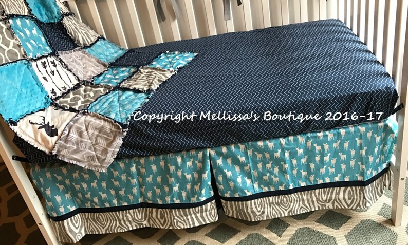 Rustic Arrows Woodland Deer Tribal Navy Turquoise & Grey Baby Nursery Crib Bedding Set made with Designer Fabrics MADE To ORDER image 4