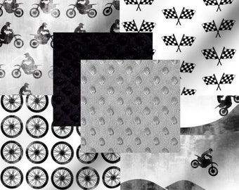 Dirt Racing Motorcross Bike Black White & Grey Checkered Flag Racing Driver Designer Baby Boy Nursery Crib Bedding Set CHOOSE and CUSTOMIZE