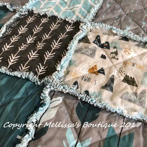 Rustic Lodge Woodland Mountain Adventure Bear Deer Teal Blue & Grey Baby Crib Toddler Twin Full Size Rag Quilt Bedding image 2