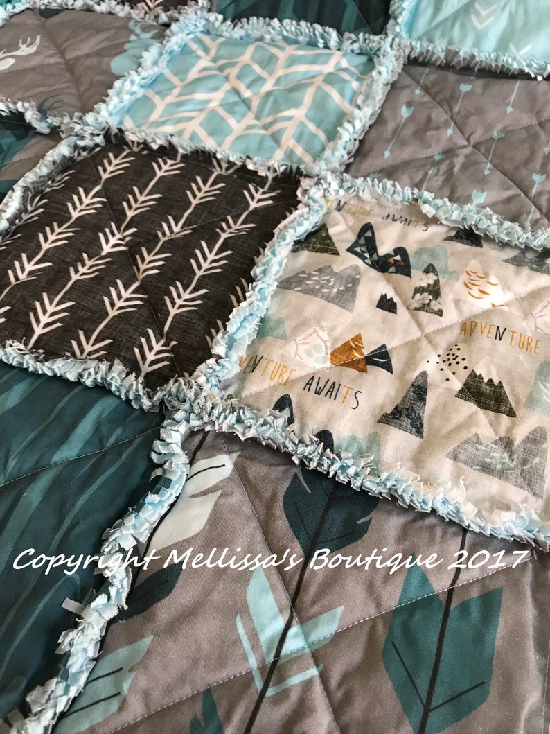 Rustic Lodge Woodland Mountain Adventure Bear Deer Teal Blue & Grey Baby Crib Toddler Twin Full Size Rag Quilt Bedding imagem 2