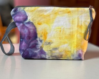 Hand Crafted Ice Dyed Denim Purple & Yello Watercolor with Leather Accents Boho HandBag Wristlet Clutch Pouch Floral Interior