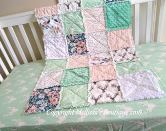 Rustic Baby Girl Deer Floral Soft Mint Blush Pink and Navy Woodland Arrow Designer 2 Piece Crib Bedding Set Rag Quilt Sheet MADE To ORDER