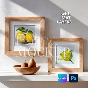 May include: Two square wooden frames with mat layers showcase watercolour paintings of lemons and a yellow flower. A wooden bowl with two pears sits below the frames. The text "Frame Mockup" is overlaid, along with "with MAT LAYERS".
