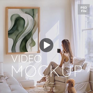 Chic Video Frame Mockup with Person and pet, Din A ratio, Natural light, Photoshop editing, Interior mockup