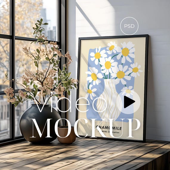 Vertical Black Frame Video Mockup | Animated Wall Art Display | PSD Smart Object | Digital Download