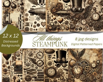 Vintage Steampunk Digital Paper Pack | 12x12 Scrapbook Backgrounds | 8 High-Resolution Designs, digital papers, printable paper