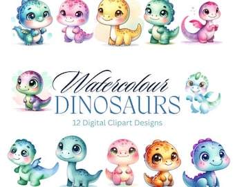 May include: A collection of 12 digital clipart designs featuring adorable watercolor dinosaurs in various colors. The dinosaurs have large eyes and are in shades of blue, green, pink, yellow, and orange. The text "Watercolour DINOSAURS" is displayed above the designs.
