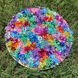 Rainbow color flower beaded embroidery art, handmade with glass and plastic beads and sequins, 7 inch hoop