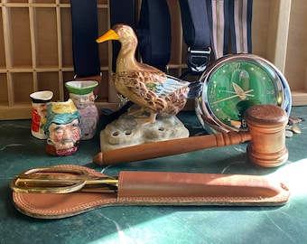 VINTAGE gentleman gifts | clock,suspenders,3 collectible mini pitchers,duck frog,wood gavel,letter opener scissors,office decorum,dad gift