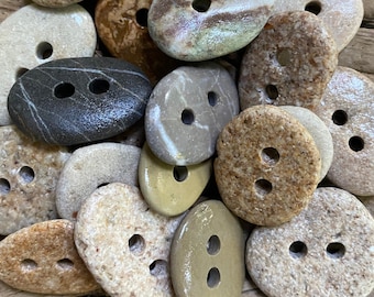 20 STONE BUTTONS | 20 natural beach found stones made into buttons on tags | earth love rocks | pebbles grey | sewing notion upholstery gift