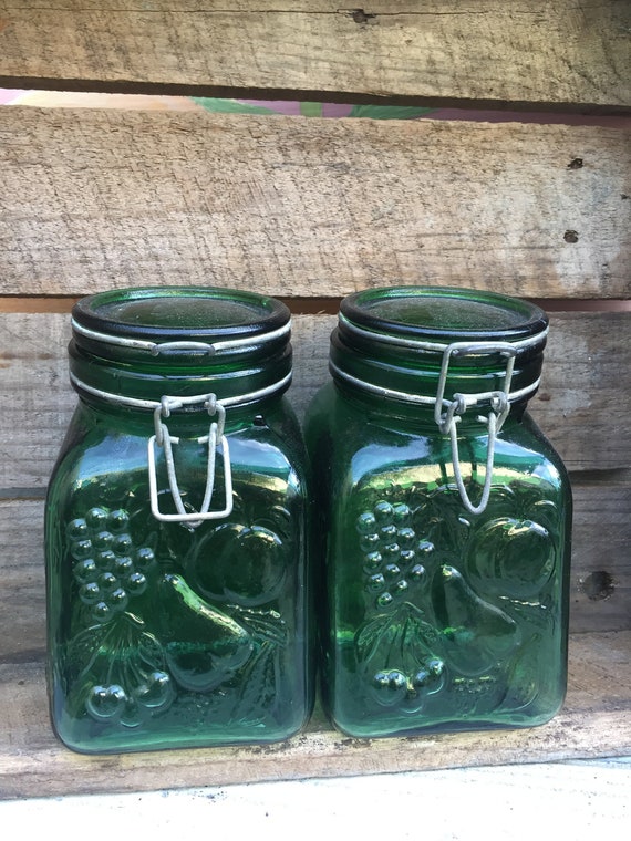 Vintage Glass 2 Green Jars Containers With Lids Embossed Etsy