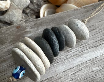 8 chunky STONE keychain: round center drilled beach rock cairn primitive jewelry rustic organic Earth geology, new car house gift