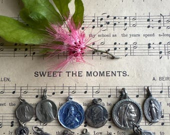 14 VINTAGE charms: small Catholic relics, unique jewelry findings, necklace pendants Virgin Mary blessings believe faith