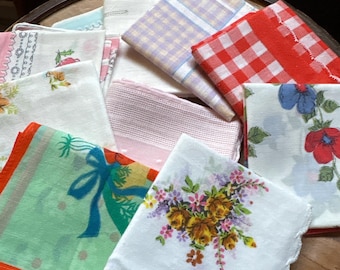 10 VINTAGE hankies | colorful cotton square handkerchief, pink floral bridal wedding card craft, home kitchen retro kitschy bar napkin