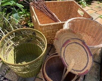 VINTAGE basket set | 7 piece wicker woven art collection,study of weaving,organize home office,boho home design,natural brown avocado green