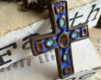VINTAGE MCM cross necklace: chunky boho unisex faith jewelry, brass copper metal 24”