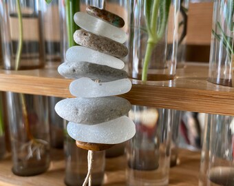 CAIRN stacked 7 stone sea glass necklace | natural hemp lanyard | lucky seven beach walk pathway zen organic earth rocks jewelry gift