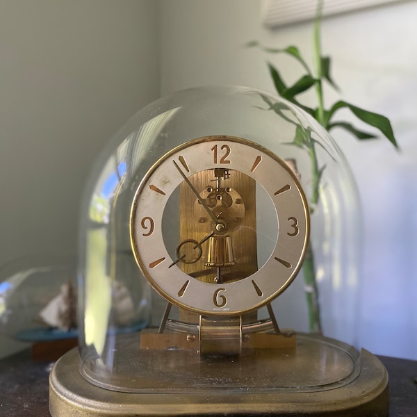 ANTIQUE Kieninger & Obergfell Six 6 Jewel Brass Dome mantle clock, heirloom, unique dad father gift,needs a battery,glass cloche,9”x9”x5”