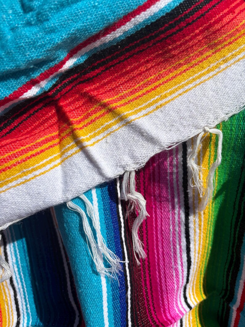 VINTAGE blanket: Serape Mexico woven fabric bright color picnic beach yoga throw 80”x56” south western Aztec flair image 2
