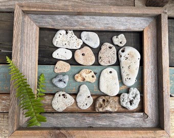15 HAG STONES natural holes | organic chunky beach rock pendant mobile garden art craft fortune luck well wish, ocean gift of the sea