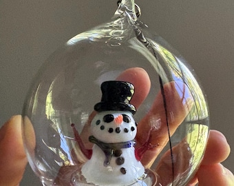 Artisan glass ornament: finely sculpted snowman in clear 3” ball handmade collectible tree decor,home gift Christmas winter holiday