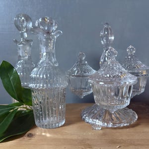 VINTAGE condiment serving: cruet depression glass and lids,fancy food kitchen jam server bakery,farm house elegant dinner image 7