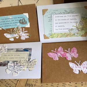 4 cartões de visita ÚNICOS | cartão de felicitações em branco, costurado e digitado à mão com mensagem significativa, papel de colagem, marrom ou branco perolado, 6x4”