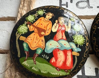 VINTAGE from Russia Hand Painted Black Lacquer Brooch Pin Artisan Signed Painted love couple musical courting wedding home scene lacquer 2"