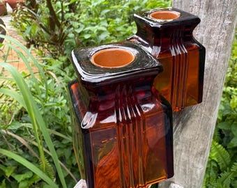 2 VINTAGE amber glass candlestick: brown MCM minimalist decor cup or candle holder 3” vase