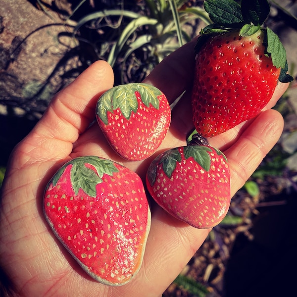 STRAWBERRY painted beach stone I pebble art rock wedding bride party table setting berry fruit garden unique Christmas stocking stuffer