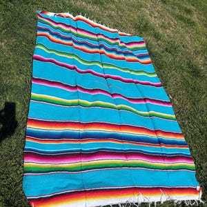 VINTAGE blanket: Serape Mexico woven fabric bright color picnic beach yoga throw 80”x56” south western Aztec flair