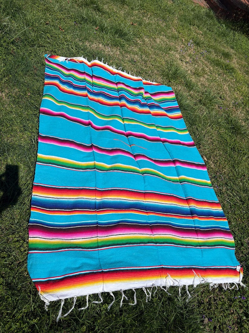 VINTAGE blanket: Serape Mexico woven fabric bright color picnic beach yoga throw 80”x56” south western Aztec flair image 1